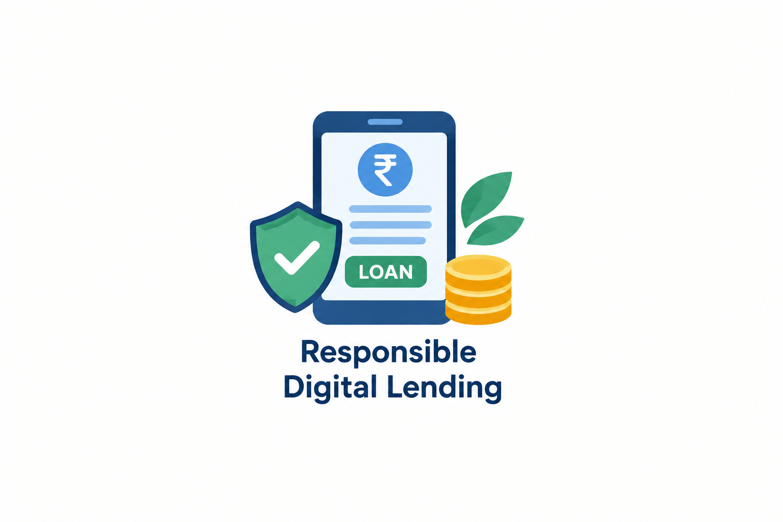Responsible digital lending with a secure mobile loan, shield, and financial protection icons.